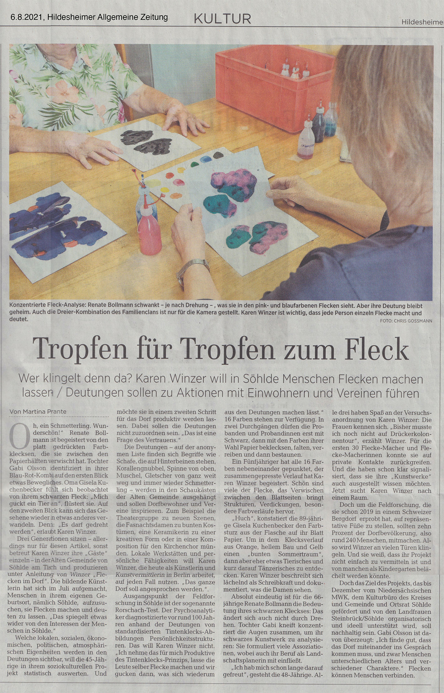 Artikel aus der Hildesheimer Allgemeinen Zeitung vom 6.8.2021 über Flecke im Dorf