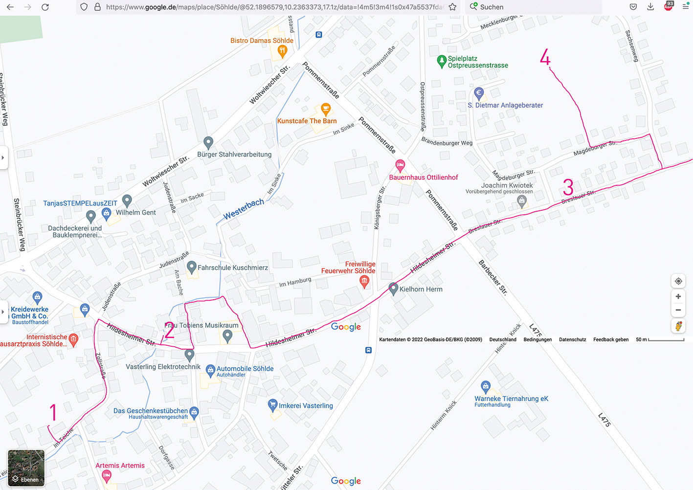 Google-Maps-Karte von Söhlde mit eingezeichnetem Routenverlauf für den Schwarzplanspaziergang