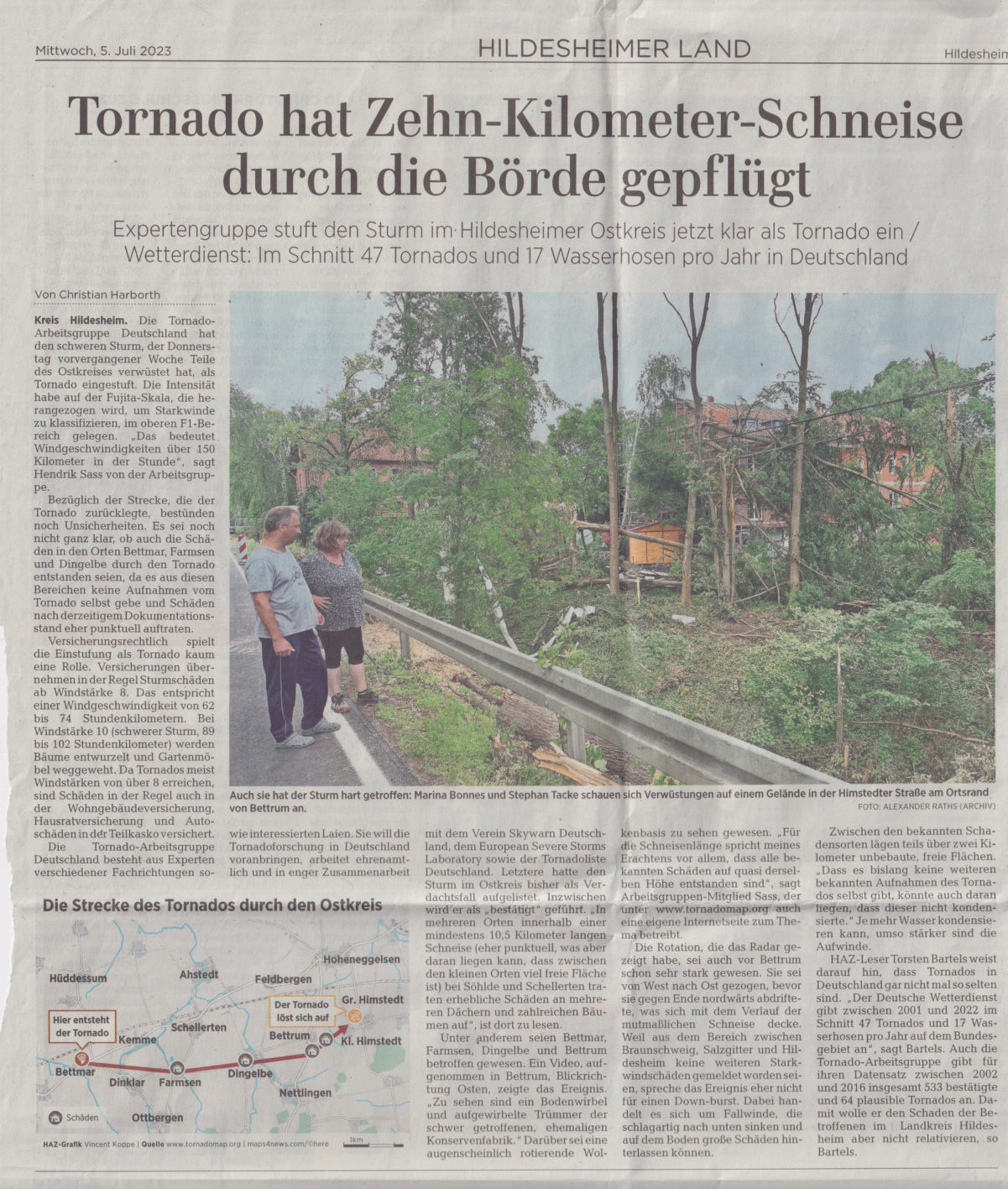 Zeitungsartikel in der Hildesheimer Allgemeinen Zeitung zu den Deutungen 71d, 139m, 139s, 141c, 182b, 198 - Tornado hat Zehn-Kilometer-Schneise durch Börde gepflügt